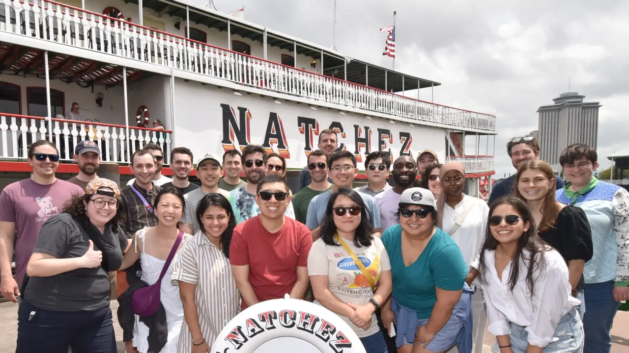 The Pomelo team together in front of the Natchez riverboat