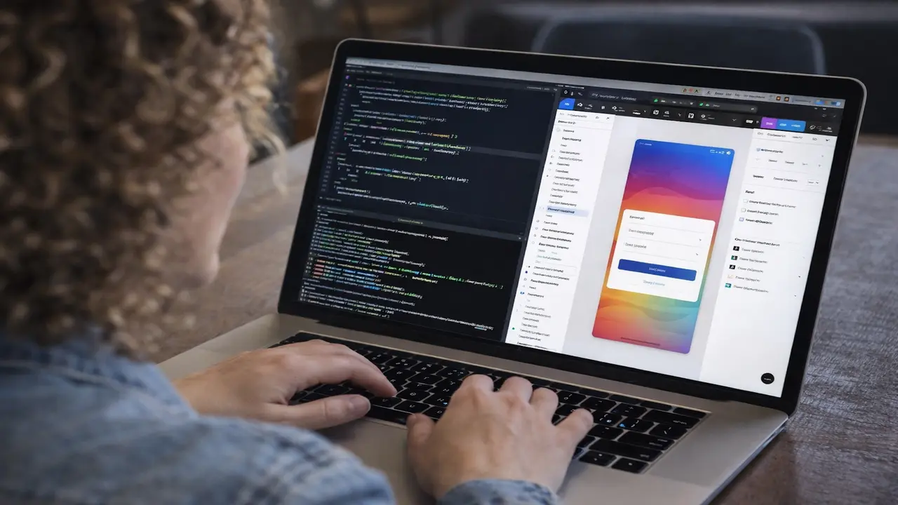 A designer working with code and Figma side by side on a laptop